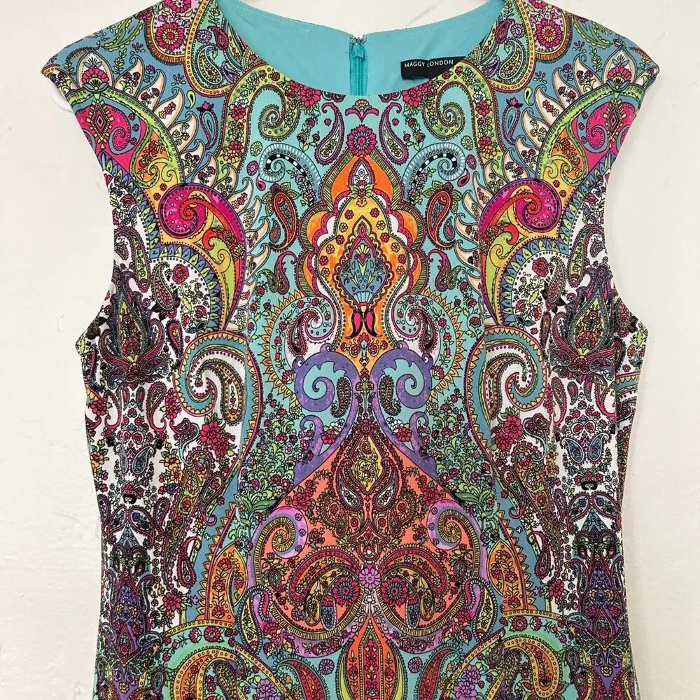 Maggy london paisley dress multicoloured pencil Sz 6